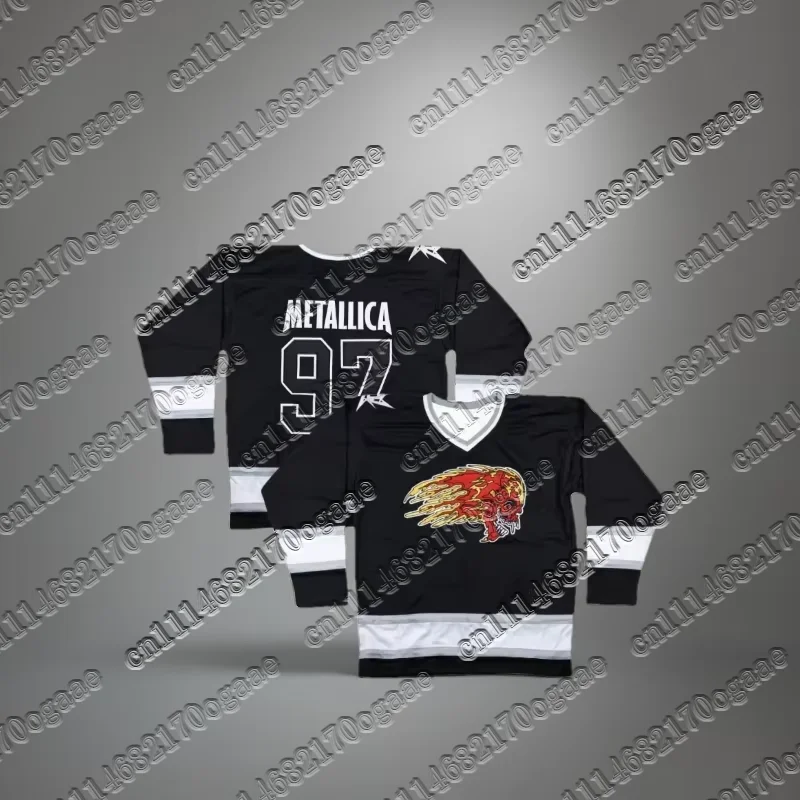 Men Metallica Flaming Skull Number 97 Graphic V‑Neck Long Sleeve Hockey Jersey Y2K Oversized Rock Band Streetwear Mesh Sport Top