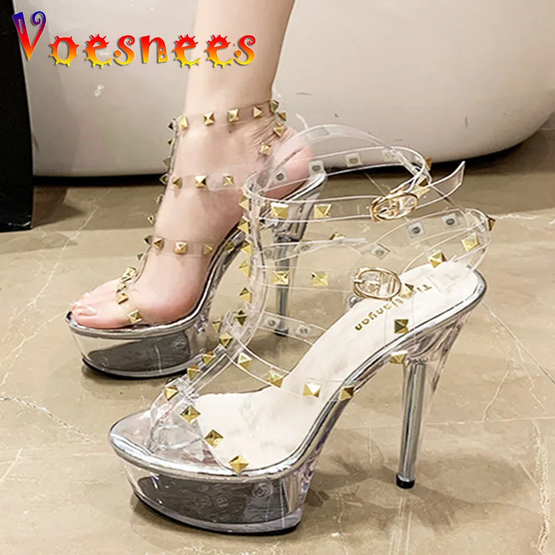 

Summer New Fashion PVC Women Shoes Designer Transparent Band Stiletto Pumps Gold Rivet Gladiator Sandals 15CM Party High Heels