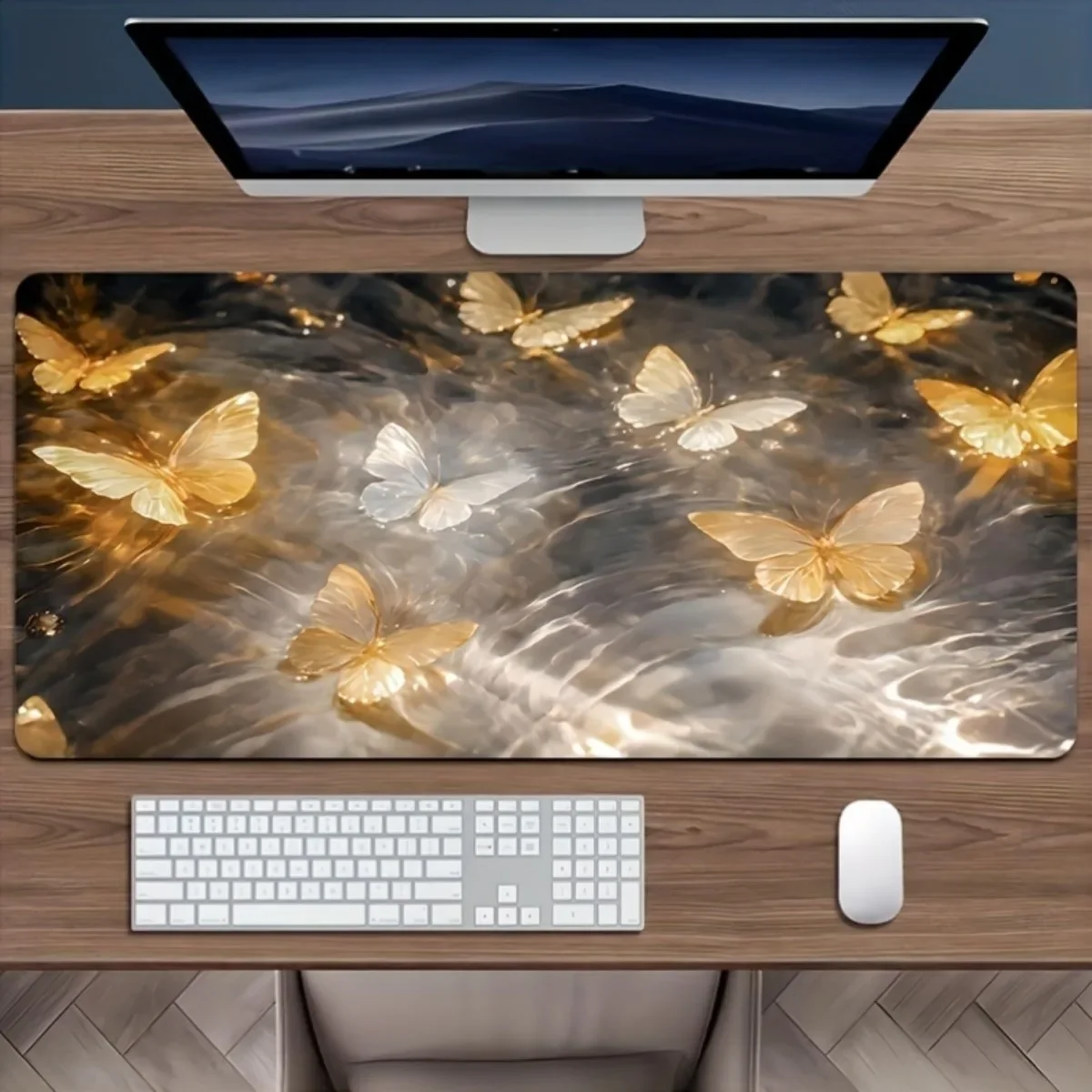 Water Butterfly Themed Gaming Mat Non-Slip Rubber Base Thick Washable Edge Locking Large Desk Pad for Office & Gaming
