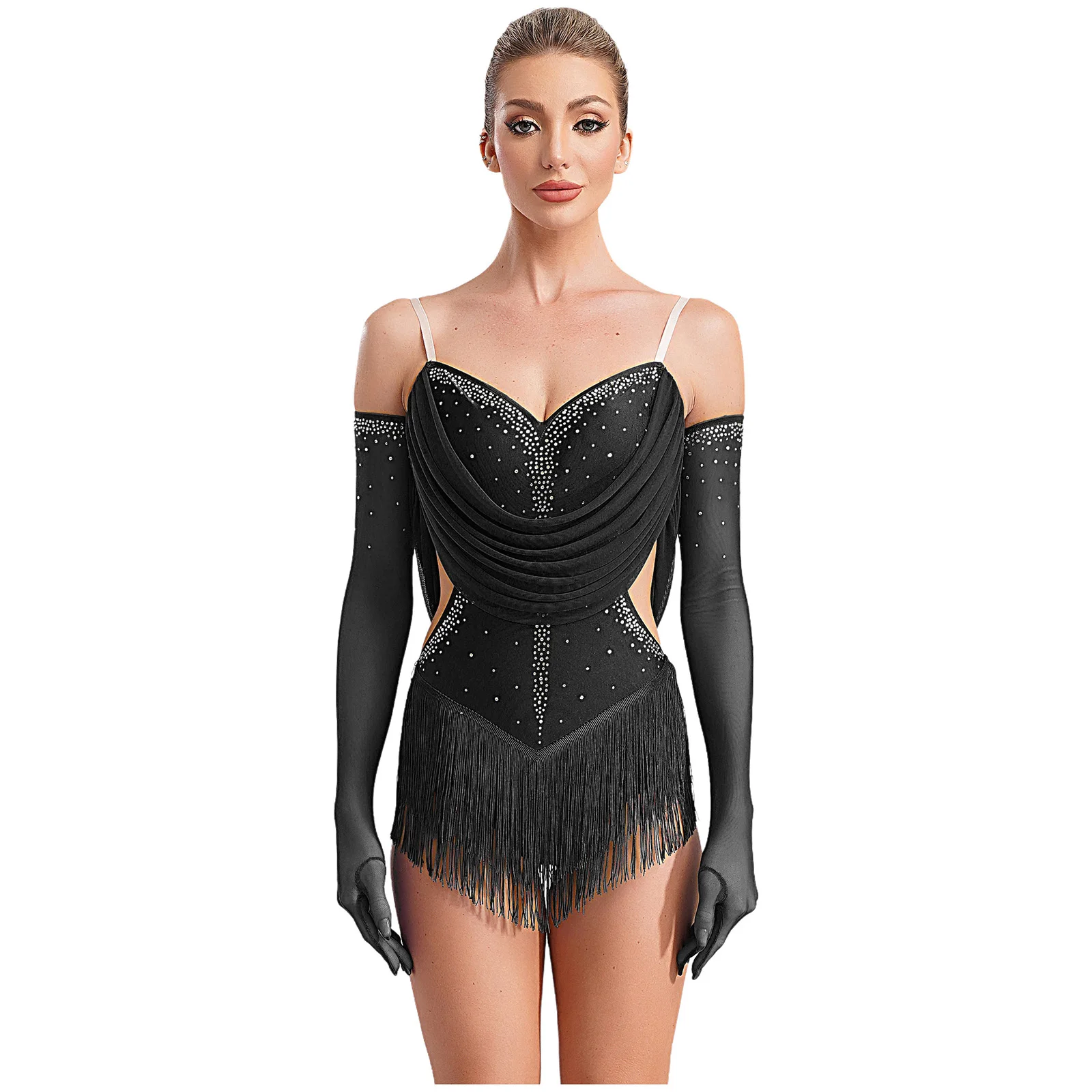 Womens Tassel Jazz Latin Dance Leotard Dress Glittery Rhinestones Adjustable Straps Cutout Fringed Bodysuit with Gloves image 3