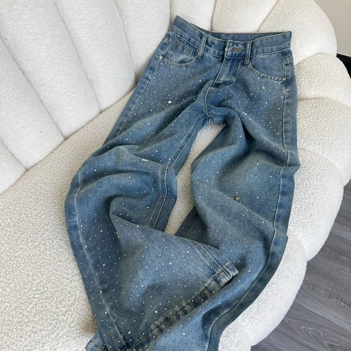 موضة حجر الراين الماس الأزرق مستقيم الساق النساء الجينز ريترو الشارع نمط عالية الخصر فضفاض بنطال ذو قصة أرجل واسعة جديد Y2k السراويل الطويلة #4