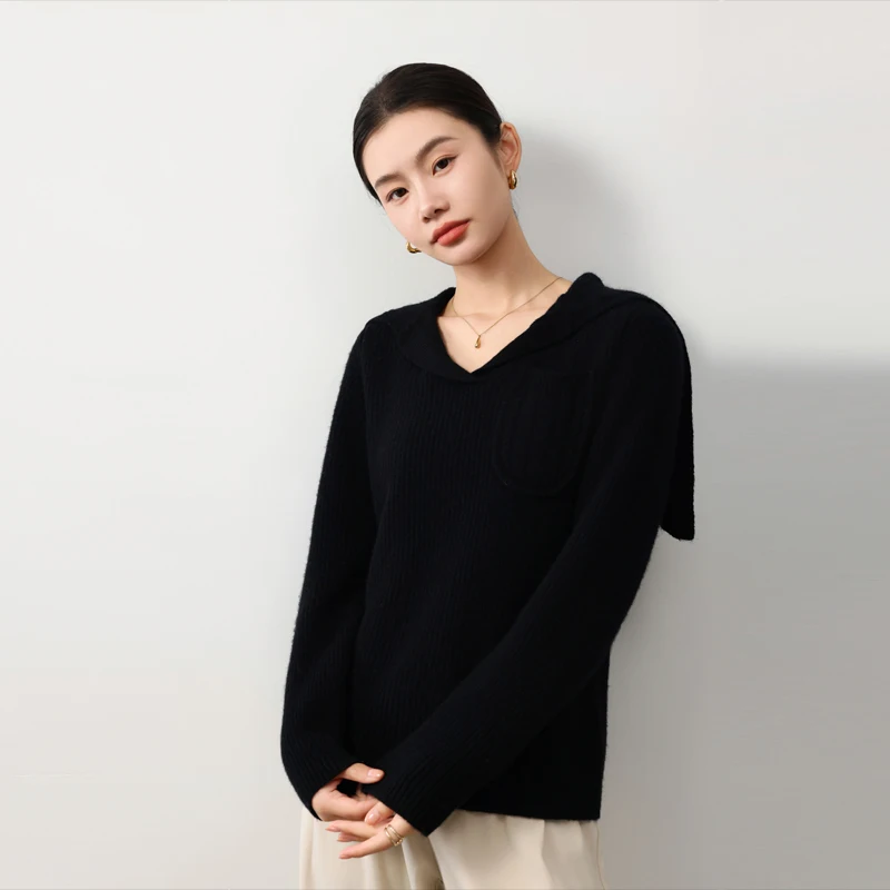 100% Pure Wool Knitted Sweater For Women's Navy Collar. Button Up Half Cardigan Casual Solid Color Slim Fit Top