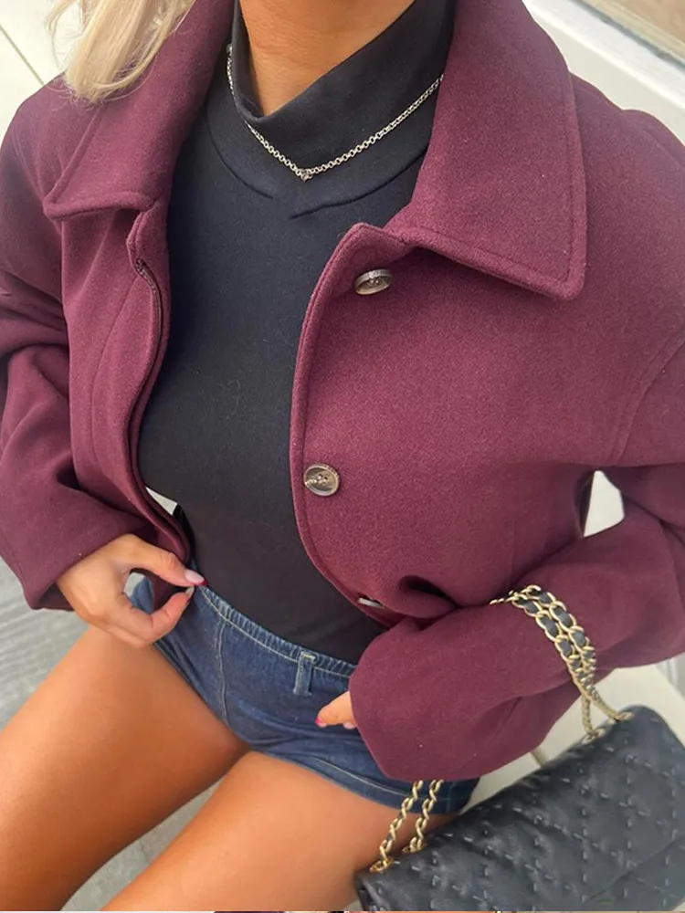 Fashion Burgundy Color Lapel Pleated Woolen Coats For Women Elegant Long Sleeve Oversized Warm Jackets 2024 Lady Chic Streetwear