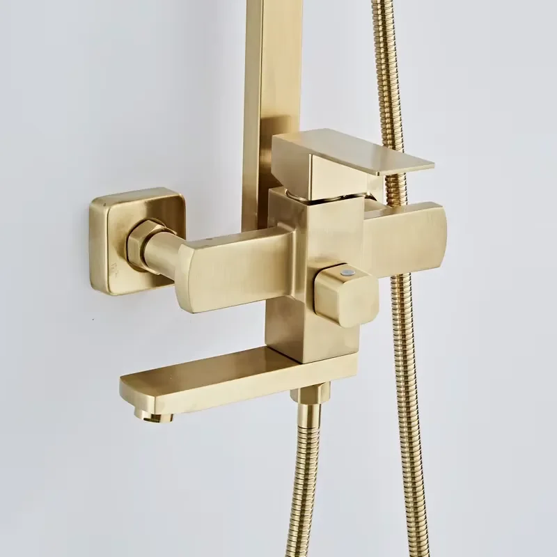 Brushed Gold Square Rain Shower System 304 Stainless Steel Hotel Use Ceramic 3 Functions Wall Mount Shower Set Hand Sprayer view 5