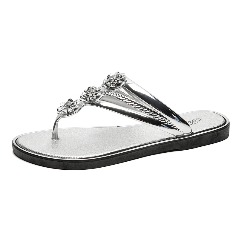 2024 Summer Slippers Women Casual Shiny Silver Flip Flops Beach Sandals Female Flat Shoes Lady Room Slippers Lady Footwear