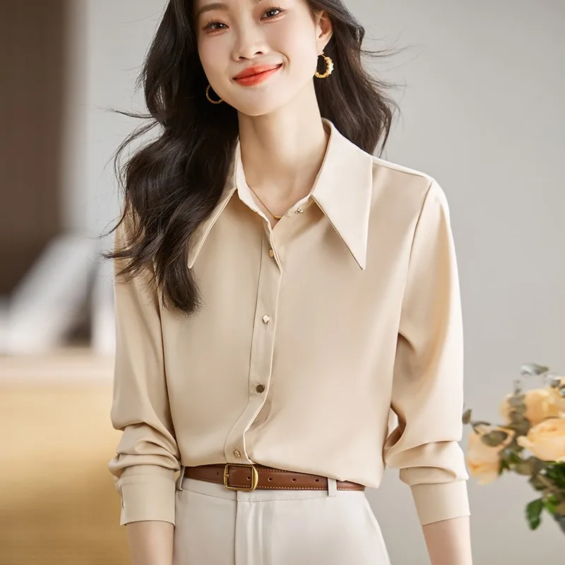 Chemisiers Vintage pour femmes, chemises de couleur unie, mode ample, vêtements coréens d'été, manches longues, col rabattu, hauts en Satin pour femmes