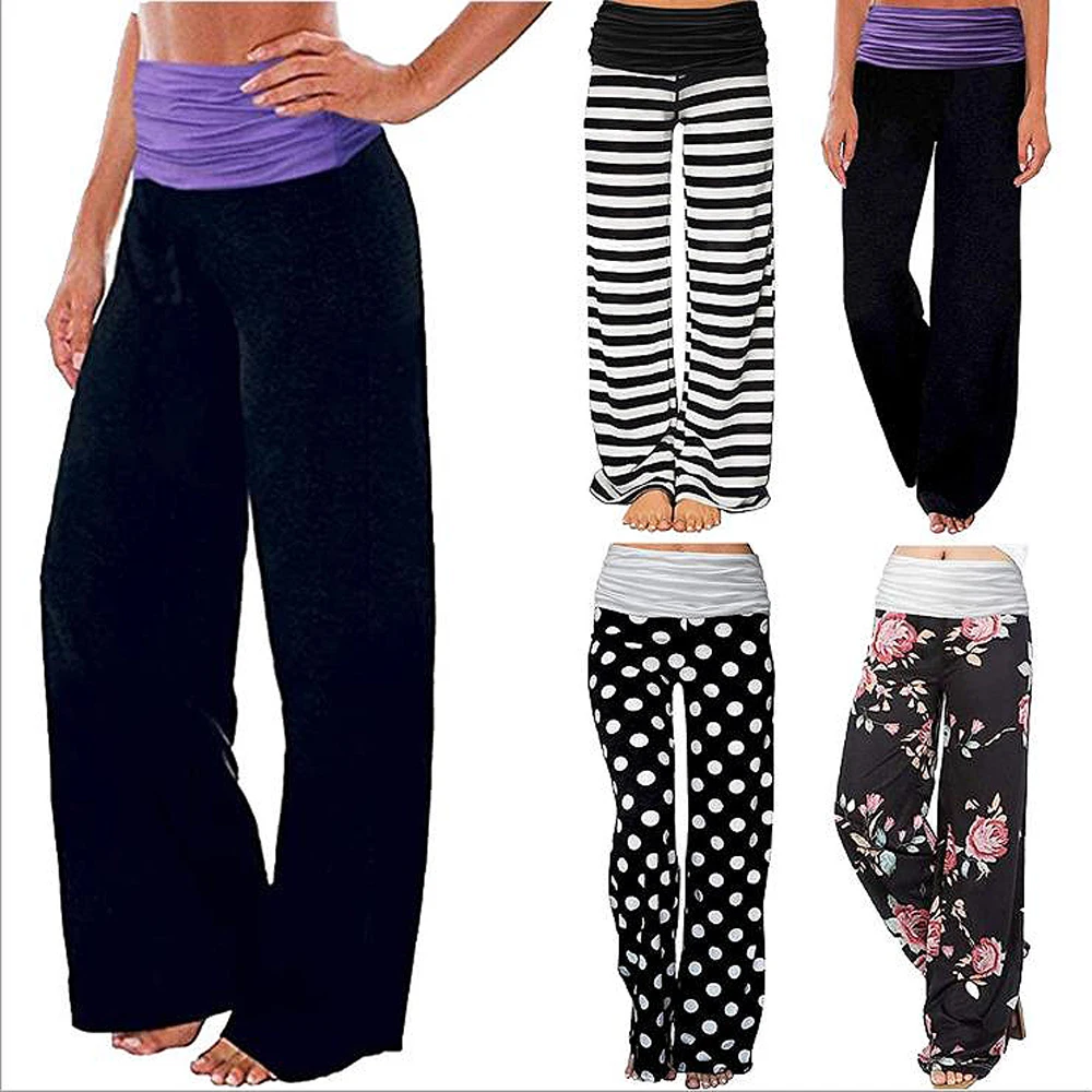 Euramerican Style Casual Homestyle Yoga Pants Milk Silk Patchwork Womens Sports Wide Leg Pants