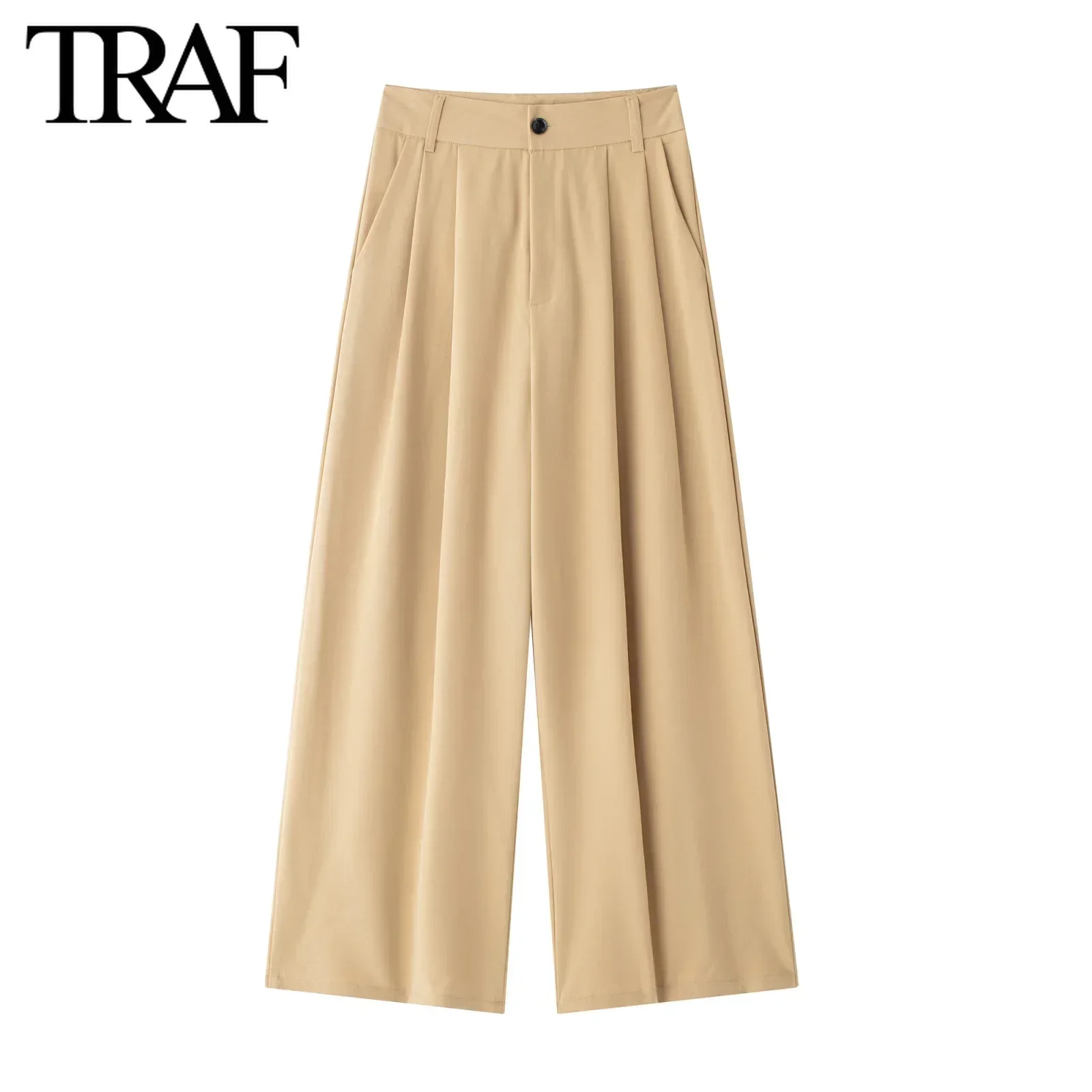 TRAF Pants for Women Fashion Autumn Winter New Slant Insert Pocket Zip Folded Chic Female High Waist Wide Leg Trousers Mujer