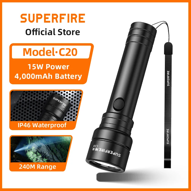 

SUPERFIRE C20 Super Bright 1100 Lumen Flashlight Led Rechargeable Torch 21700 Battery 240M Outdoor Camping Fishing Lantern