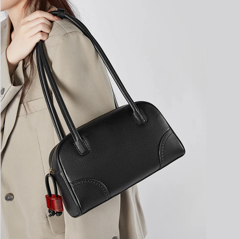 

Toptrends Cowhide Genuine Leather Pillow Underarm Shoulder Bags For Women 2025 Luxury Designer Bowling Tote Work Ladies Handbags