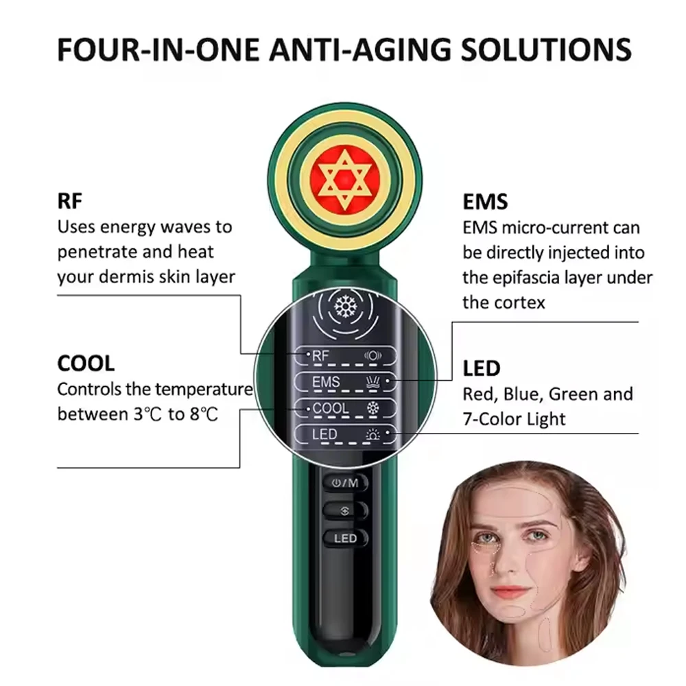 Dispositivo facciale a microcorrente EMS Massaggiatore facciale antietà RF Dispositivo per il lifting del viso Terapia della luce a LED Martello di ghiaccio Ringiovanimento della pelle