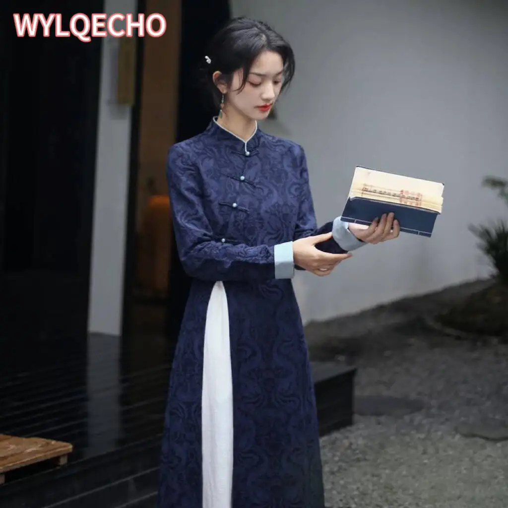 2024 Autumn New Vietnam Aodai Chinese Styles Women Floral Printing Vintage Long Dress Qipao Chinese Elegant Cheongsam Dress