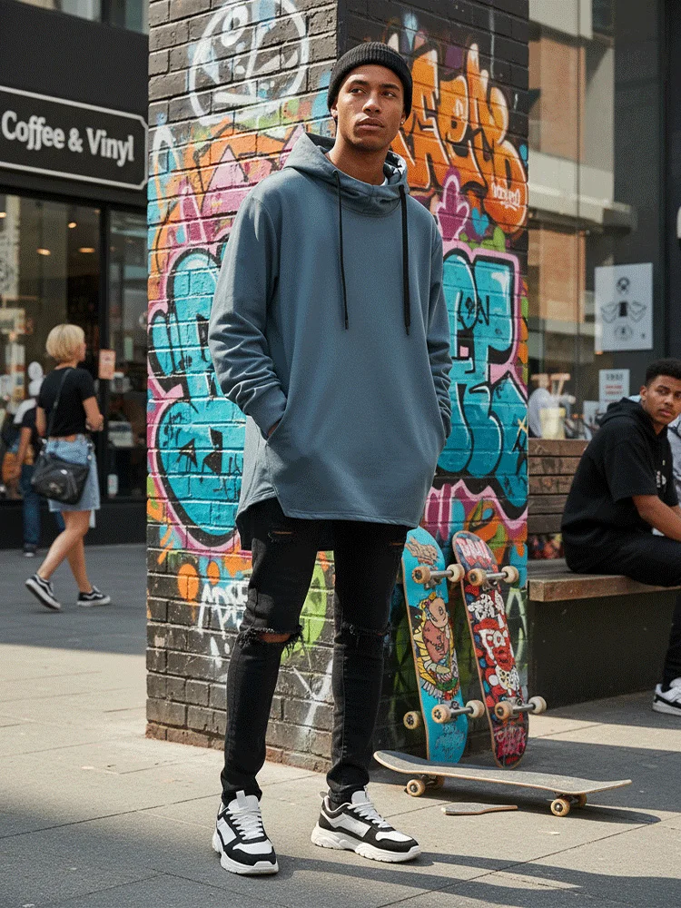 Men's Casual Sports Hooded Sweatshirt Pullover Loose Fit Long Sleeve Breathable T-shirt with Drawstring Anti-Drop Hem