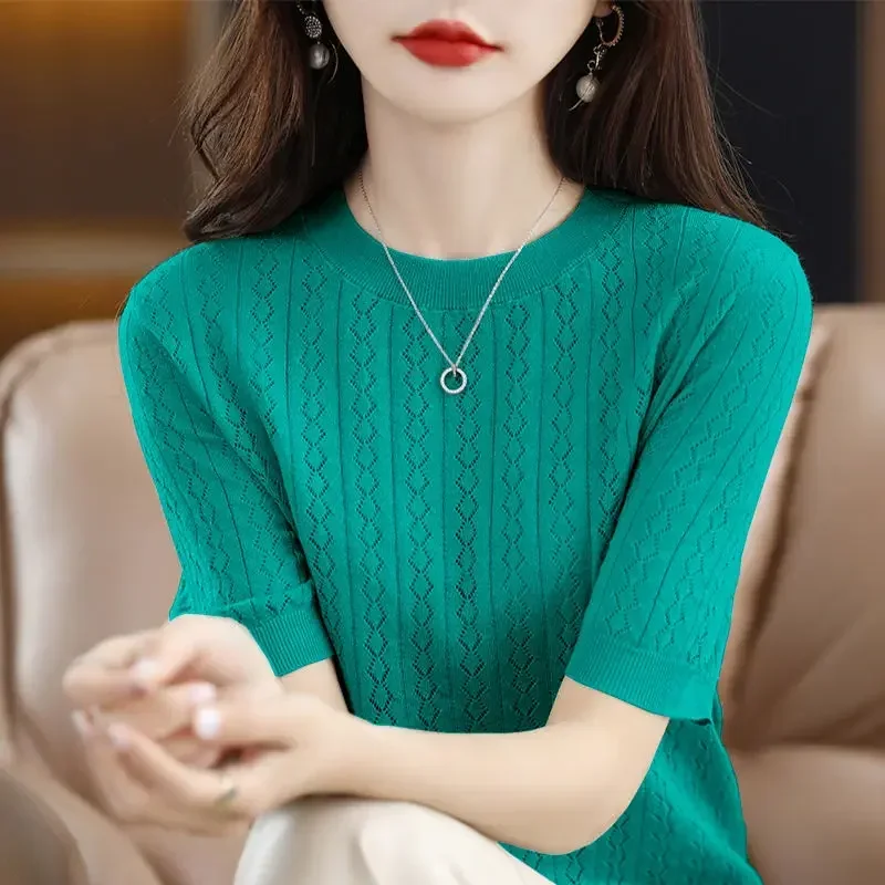 Fashion O-Neck Knitted Solid Color All-match Korean Blouse Women's Clothing Summer New Casual Pullovers Loose Commute Shirt N293