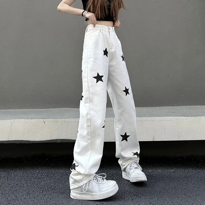 

Women Solid Color Star Pattern America Style Jeans Fashion High Waist Wide-leg Pants Commuting Straight Barrel Women's Trousers