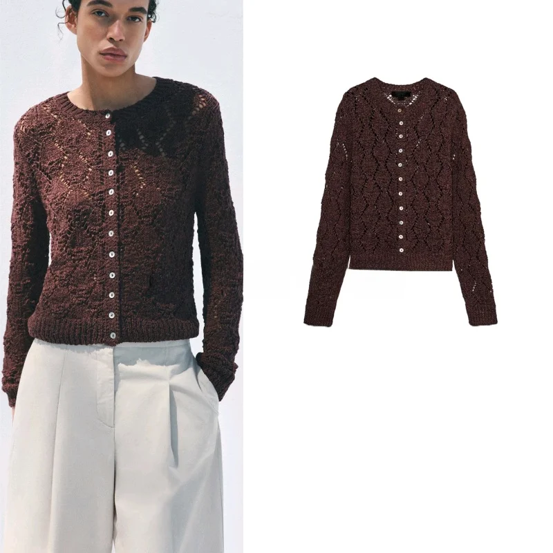 

Новая летняя женская вязаная кофта с длинным рукавом, круглым вырезом, вышивкой, сетчатыми вставками, на пуговицах, свободного кроя, из полиэфирного волокна, открытый кардиган