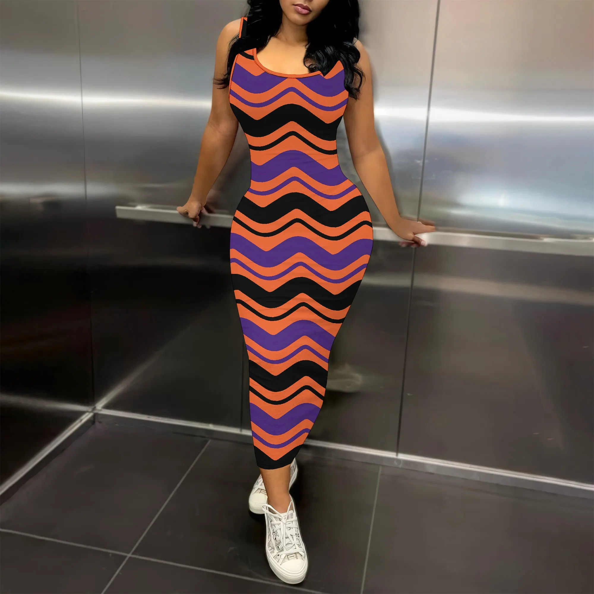 

Nupusa Zigzag Print Dress for Women Regular Size Summer Casual Sleeveless Bodycon Maxi Dress
