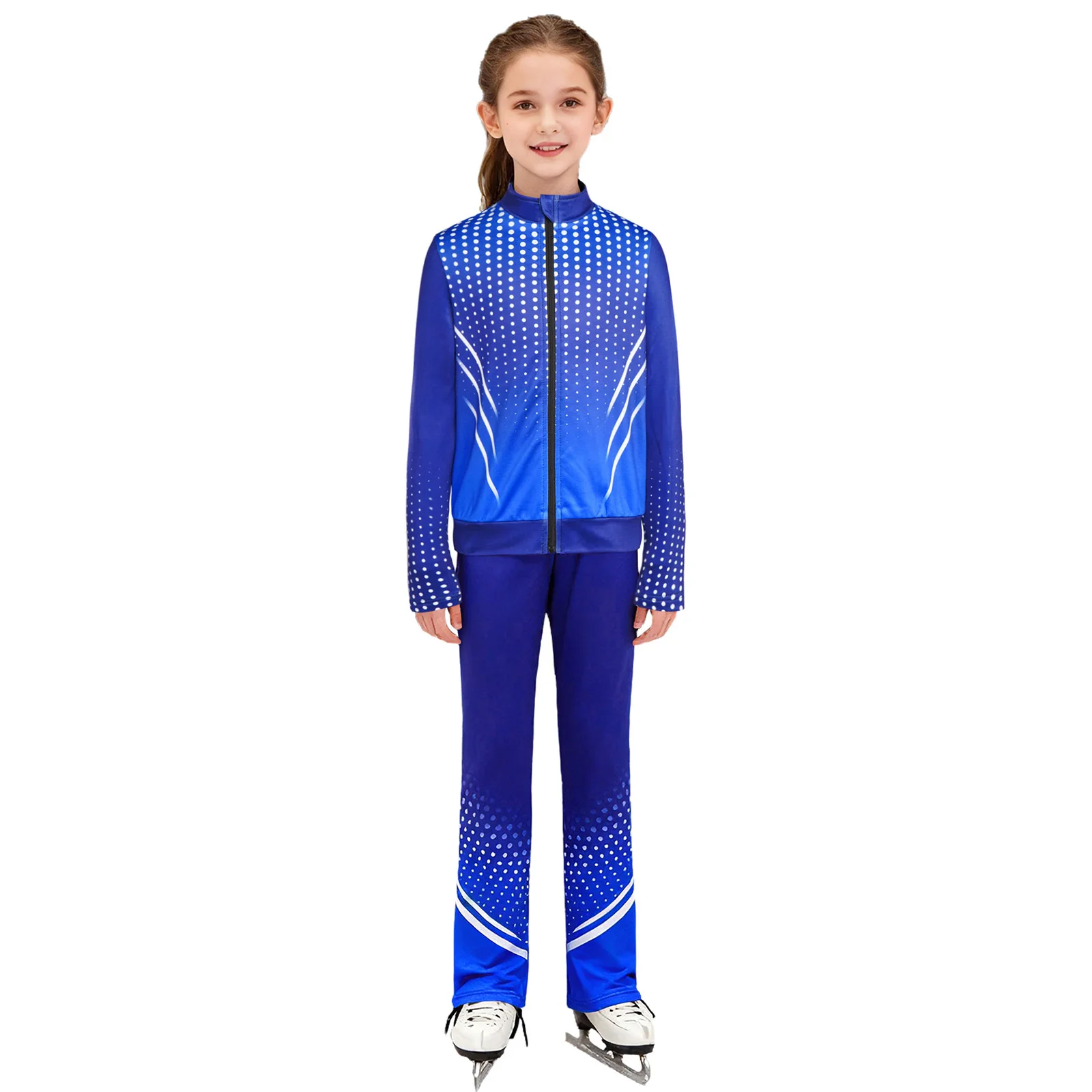 

Kids Lyrical Gymnastics Dance Outfits Stand Collar Long Sleeves Thumbholes Dots Zipper Jacket with Pants for Ice Skating Dance