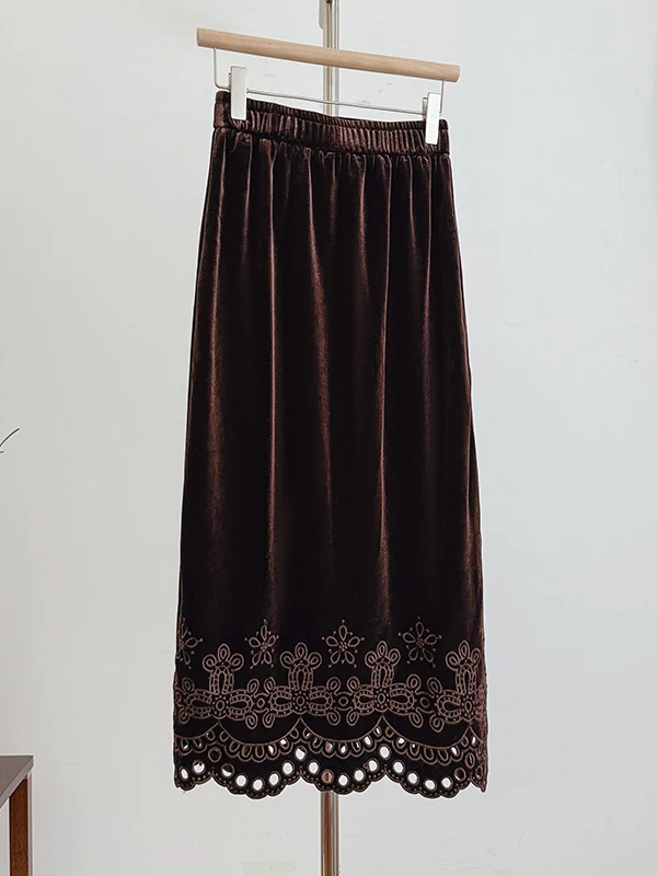 

New Chinese Sle Embroidered Velvet Thiened f Skirt Elastic Waist A-Line Skirt plus Size Women's Retro Loose Fit Commute