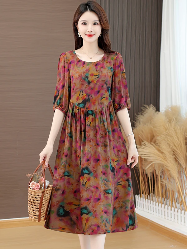 فستان صيفي جديد لعام 2025 بتصميم فضفاض ومقاس كبير، أنيق وعصري من القطن والحرير الصناعي، تنورة متوسطة الطول للسفر