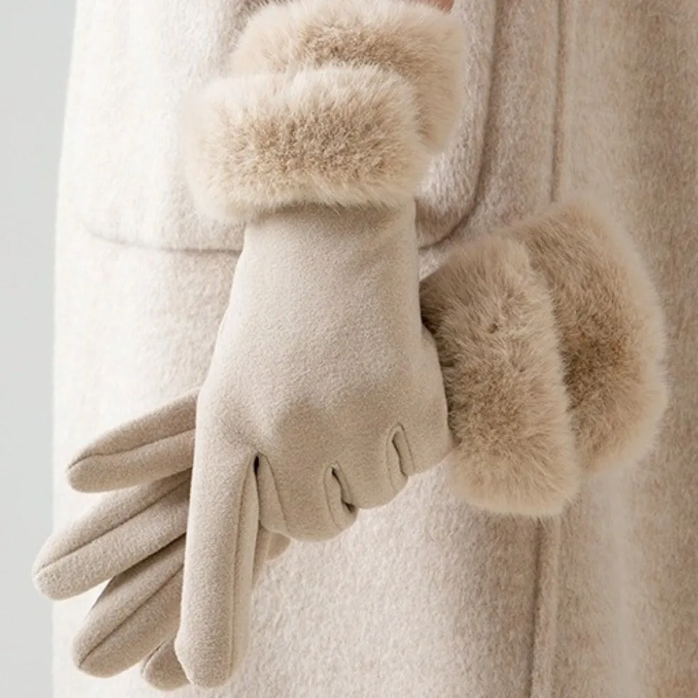 قفازات عصرية بلون سادة من جلد الغزال تعمل باللمس قفازات ناعمة لركوب الدراجات سميكة ومريحة بأصابع كاملة للفتيات