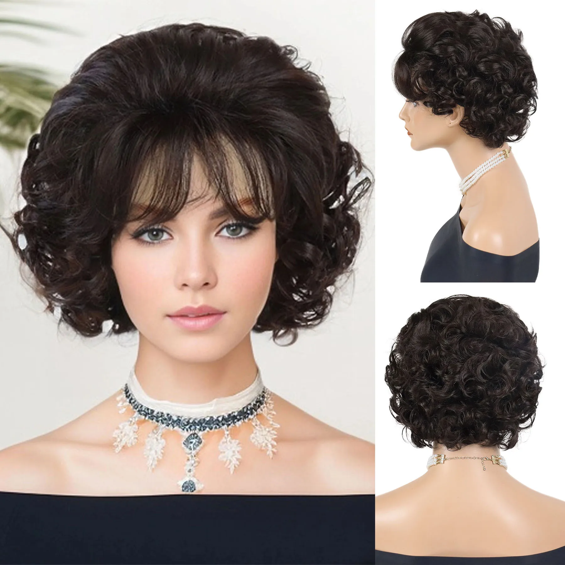

Synthetic Hair Short Curly Wigs for Women Dark Brown Wig with Bangs Natural Hairstyles Daily Wear Costume Old Lady Mommy Wig