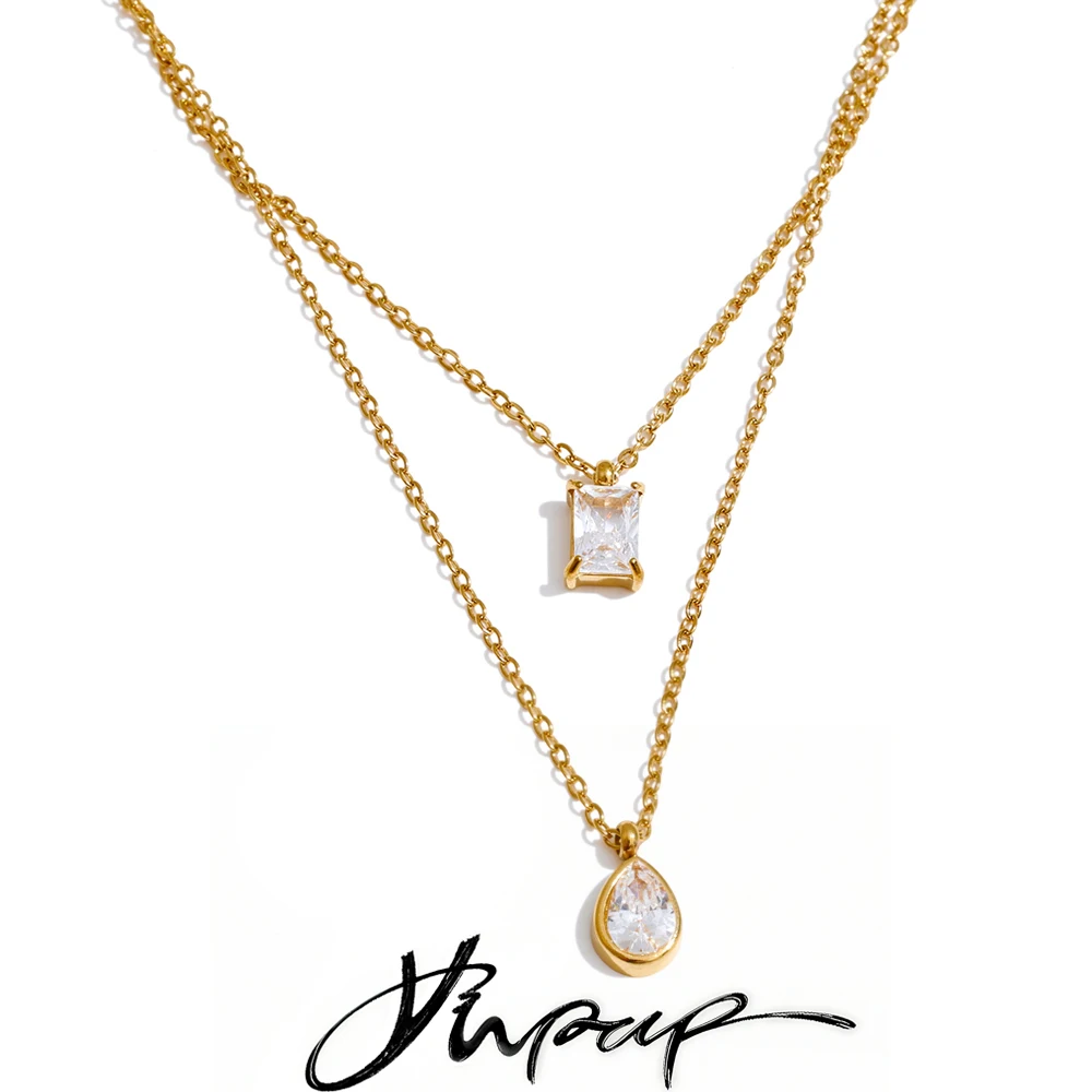 Yhpup Klassische Edelstahl Bling Zirkonia Wasser Tropfen Doppel Schicht Stapeln Koreanische Halskette Anhänger Chic Beliebte Schmuck