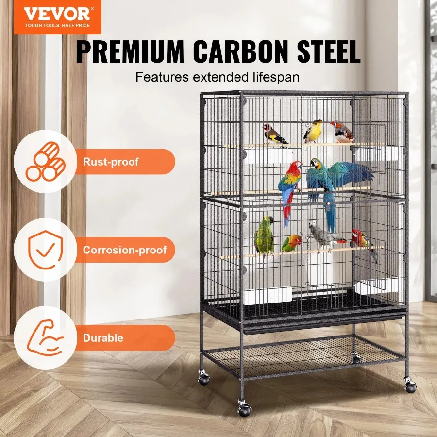 52 inch Standing Large Bird Cage Wrought Iron Flight Cage for Parakeets Cockatiels Parrots Macaw with Rolling Stand and Tray