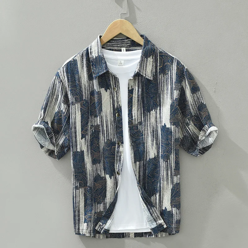 

Мужская летняя повседневная льняная рубашка с коротким рукавом, городской стиль, с принтом, свободного кроя, легкая, с квадратным воротником, не требует глажки