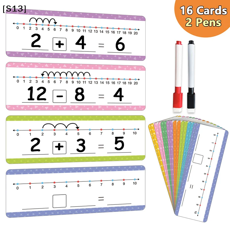 16Pcs Educational  Erase Number Line Cards For Kids Addition & Subtraction Math Manipulative Game For Kindergarten Learning[Q]Q@