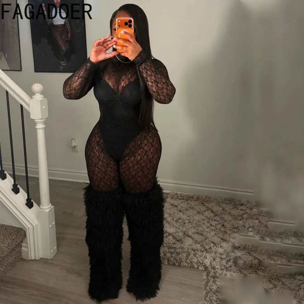 FAGADOER Sexy Lace See Through Bodycon Jumpsuits Woman Spaghetti Strap Backless Bodysuits + Rompers Female Streetwear Overalls