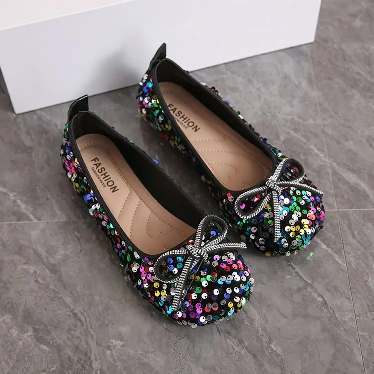 2026 Damen Glitzer-Ballerinas Lässige Gehschuhe Frühling Neu Runde Zehenkappe Schleife Modische Marken-Kleiderschuhe Zapatillas Mujer – Detail 3