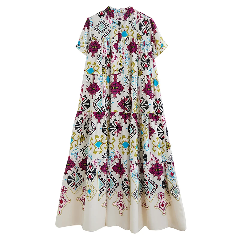 Faionable Loose Midi Dr Summer New Sle Versione coreana ort Sve Stampa Gonna a trapezio in misto cotone poliestere Dr