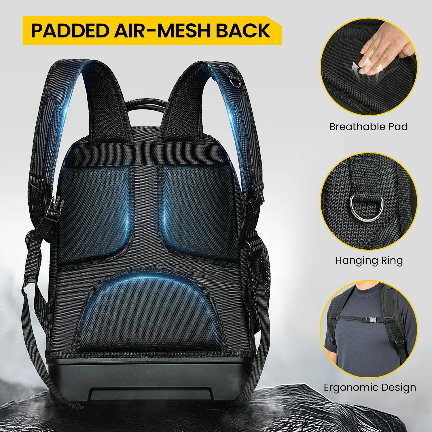 WINHUT，Tool Backpack with Hard Base and 27 Storage Compartments for Large-Capacity Storage (with Black Base and Yellow Trim)