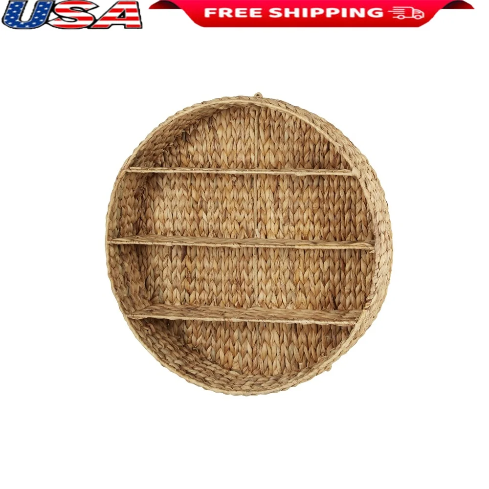 

3 Tier Woven Floating Wall Shelf Indoor Coastal Style Round 24 Inch Brown Dried Plant Material Home Decor Storage Organizer
