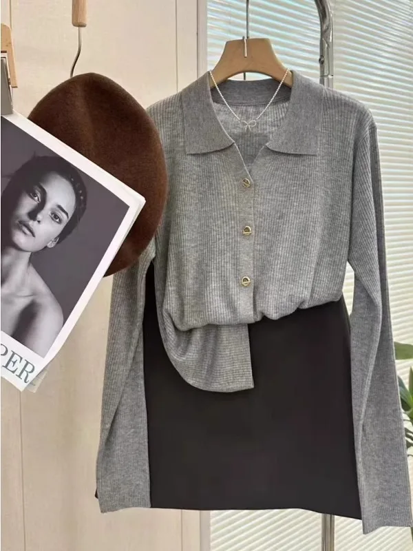 POLO lapel cashmere knit cardigan women's spring and autumn thin loose sweater short wool coat 2