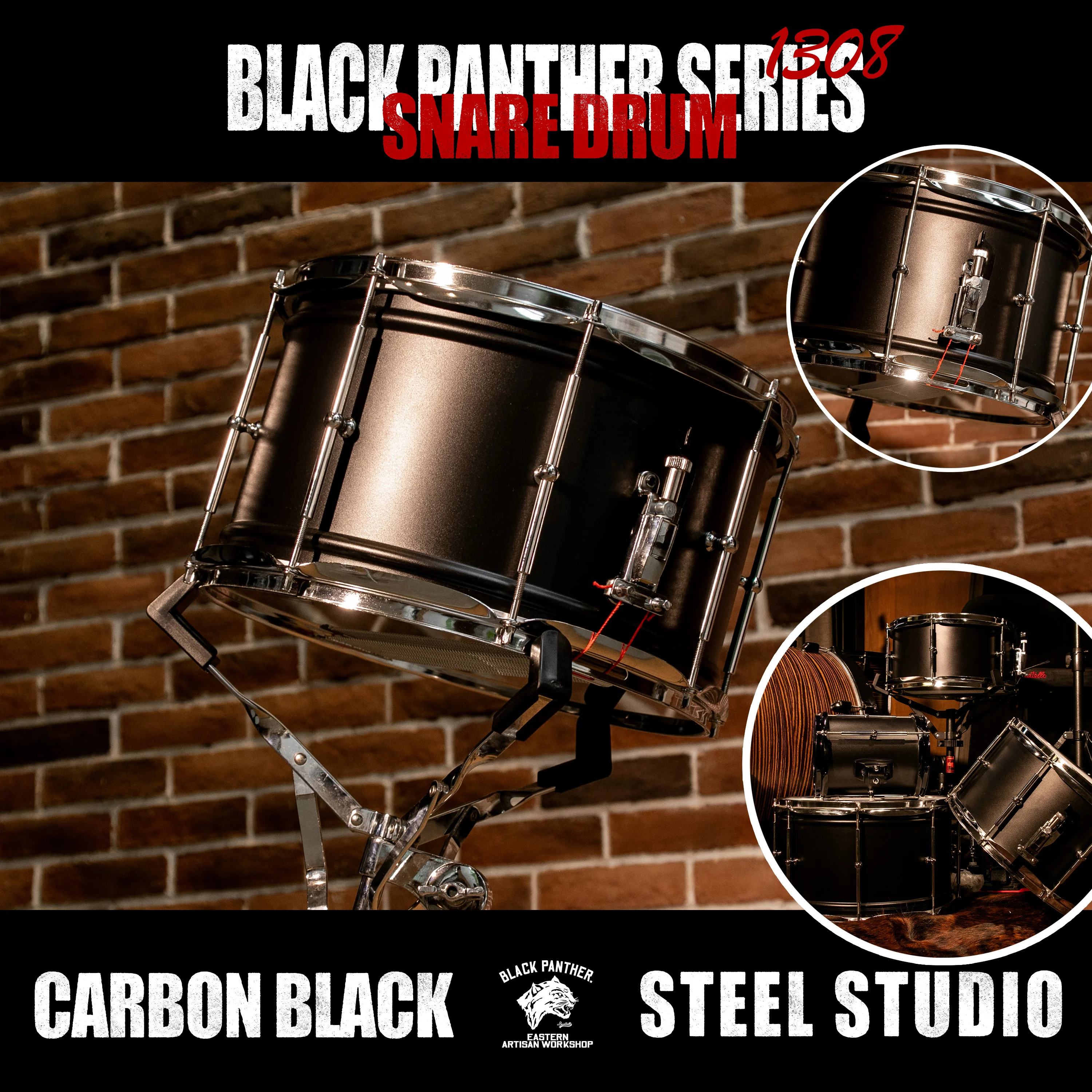 

Beatello-Black Panther Series Carbon Black Steel Studio Snare Drum 13*8 | For Studio & Live Rock Performances