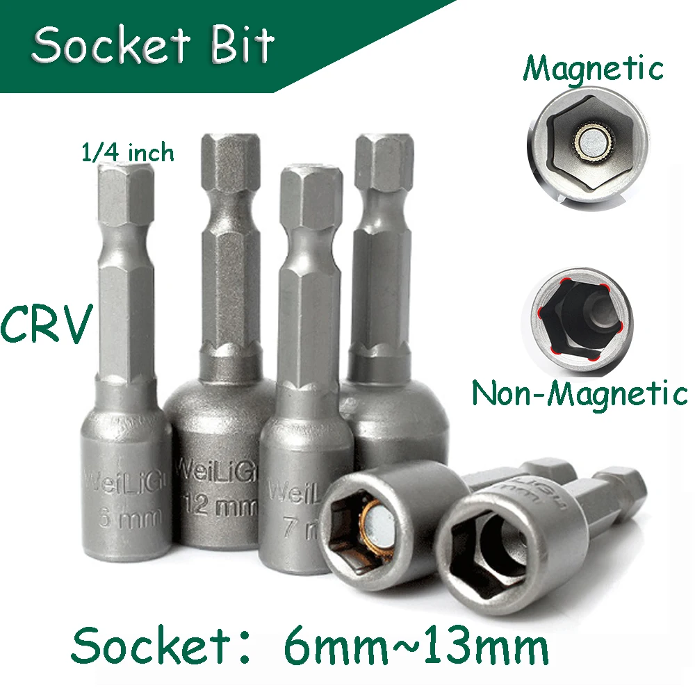 

1pcs Socket Bit 6~13MM Magnetic 45/48mm Length 6.35mm Hex Shank CRV Hex Socket Head Air Wrench Electric Drill Driver Wrench