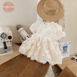 Fashion Baby Girl Princess 3D Flower Dress Infant Toddler Child Bow Vestido Short Sleeve Party Birthday Frock Baby Clothes 1-10Y