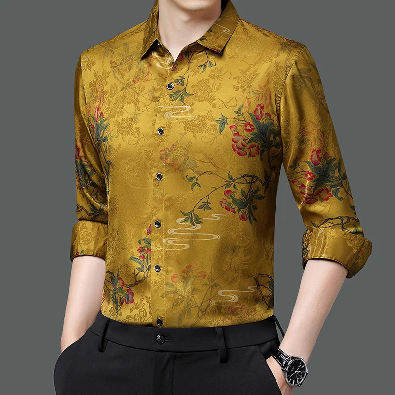 Gold Flowers Silk Stretch Clothing For Mens Fashionable Smooth Elastic Satin Blouse Large Size Fancy Soft Husband Wear Cozy Top