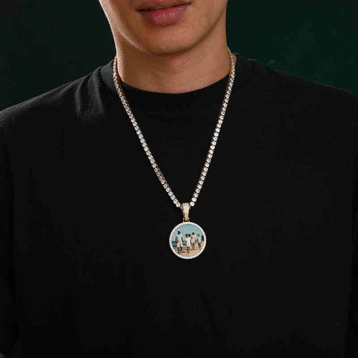 Personalized Custom Picture Pendant Necklace Zircon Inlay Gold Plated Stainless Steel Round Medallion Jewelry Anniversary Gi - view 2