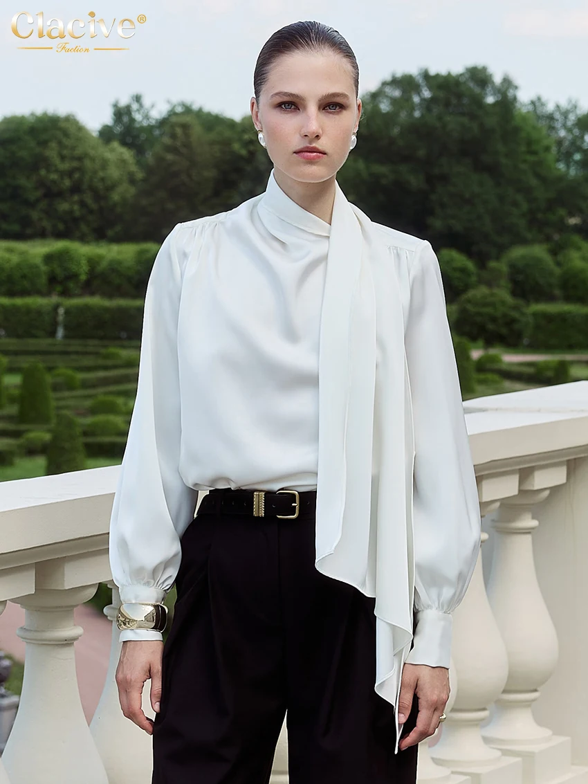 Clacive موضة فضفاضة الأبيض الساتان المرأة قميص 2025 عادية القوس طوق كم طويل قميص أنيق كلاسيكي قمة صلب الملابس النسائية