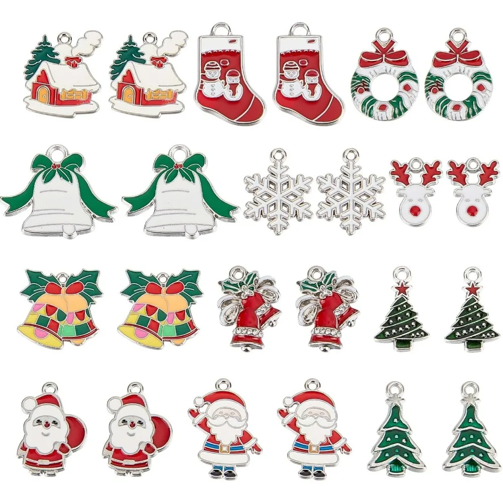 48Pcs Silver Enamel Christmas Charms Christmas Charm Xmas Tree Snowflake Charm Socks Bell Snow Charm for Jewelry Making