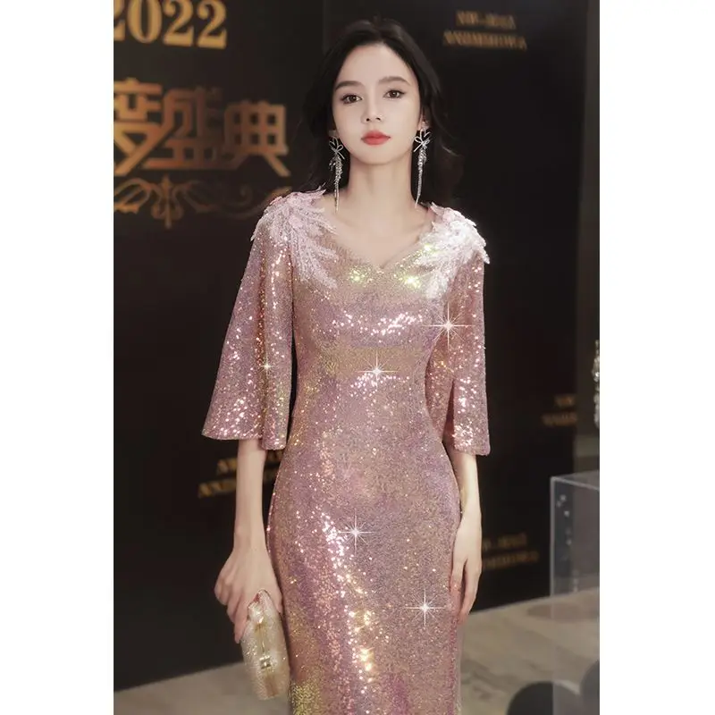 Pink Long Mother Of The Bridal Dresses Shiny Sequin Floor-Length Mermaid Evening Dresses For Wedding Party