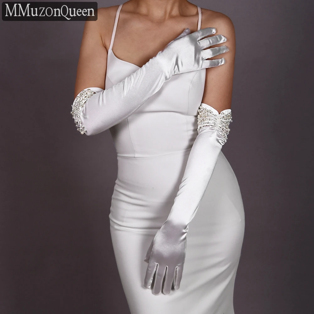 MMQ MM08 Wedding White Satin Gloves Women\'s Dress Pearls Long Gloves Elegant Evening Accessories DIY Customized Glove