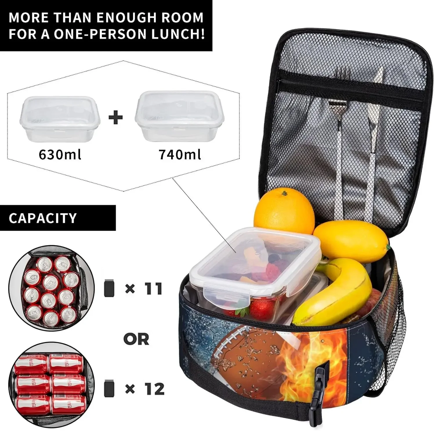 American Football Ball In Fire And Water Lunch Bag Insulated Portable Reusable Rugby Ball Lunch Box With Zipper For Picnic Work