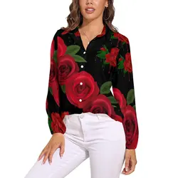 Blood Red Roses Blouse Floral Print Retro Pattern Blouses Woman Casual Shirts Summer Long Sleeve Oversize Clothes