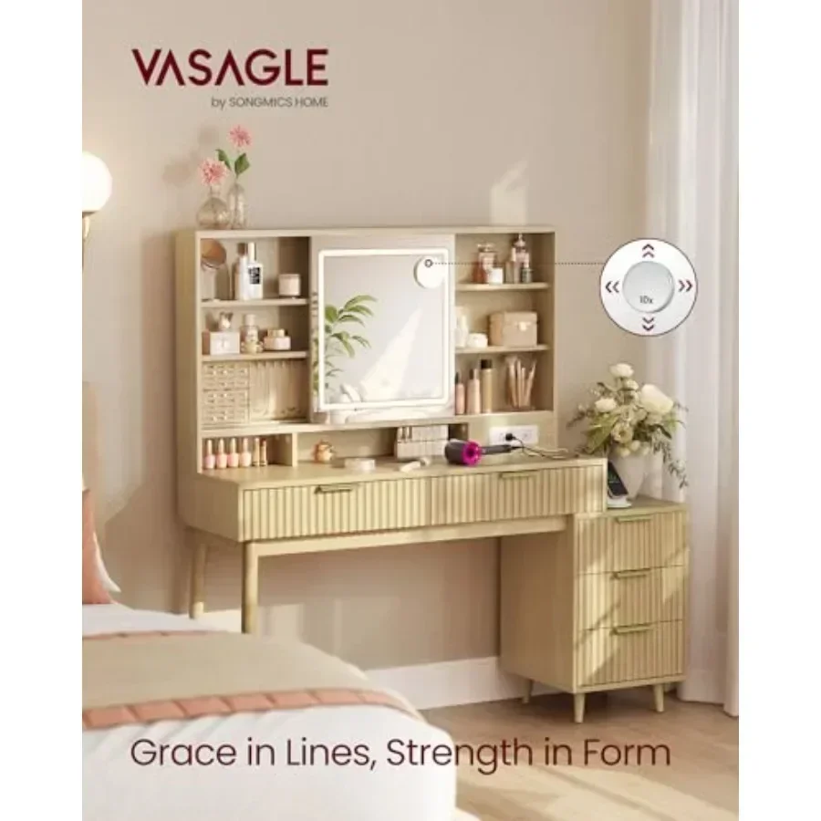 Fluted vanity desk for bedroom use, MDF wood in white finish, with sliding mirror, LED lights, and 5 smooth-gliding drawers