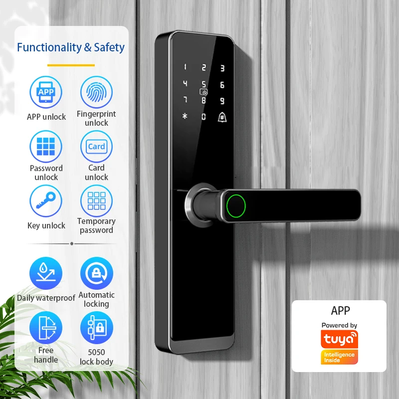 Automatic Smart Digital Door Lock Tuya App WIFI Key Fingerprint Card Smart Door Handle Lock