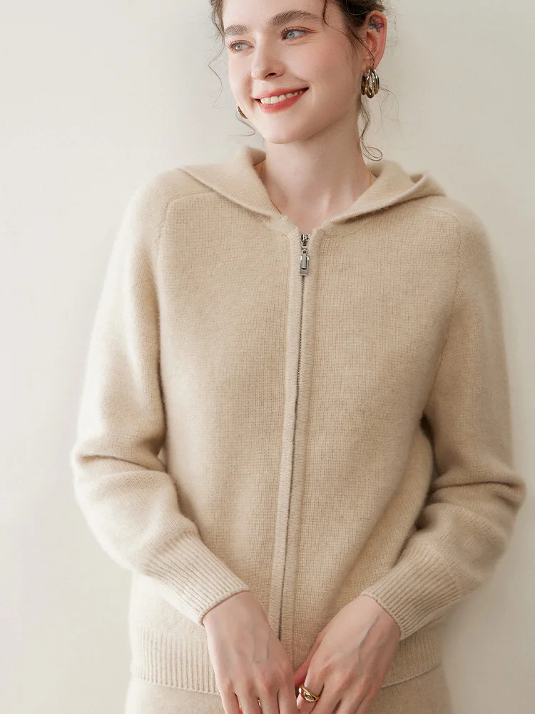 TLOML Nowy Damski Sweter z Kaszmiru 100%, Rozpinany na Zamek z Kapturem, Dzianina Kaszmirowa, Jesień Zima, Miękki, Ciepły, Wysoka Jakość, Gruby Płaszcz